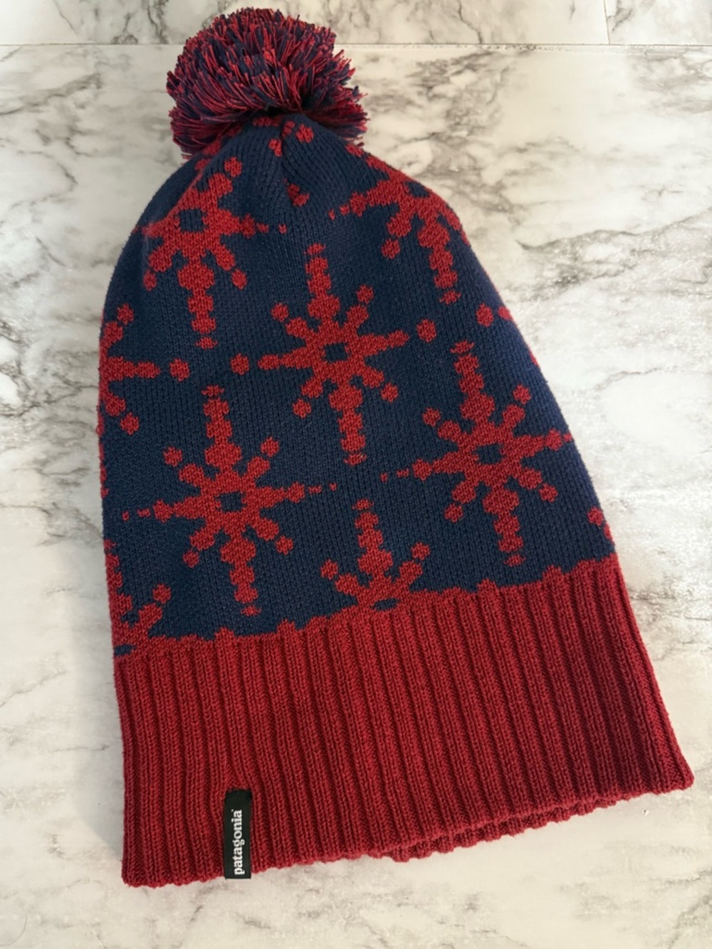 Patagonia Powder Town Beanie Hat Snowflake Pom Pom Navy Red, Ski Winter